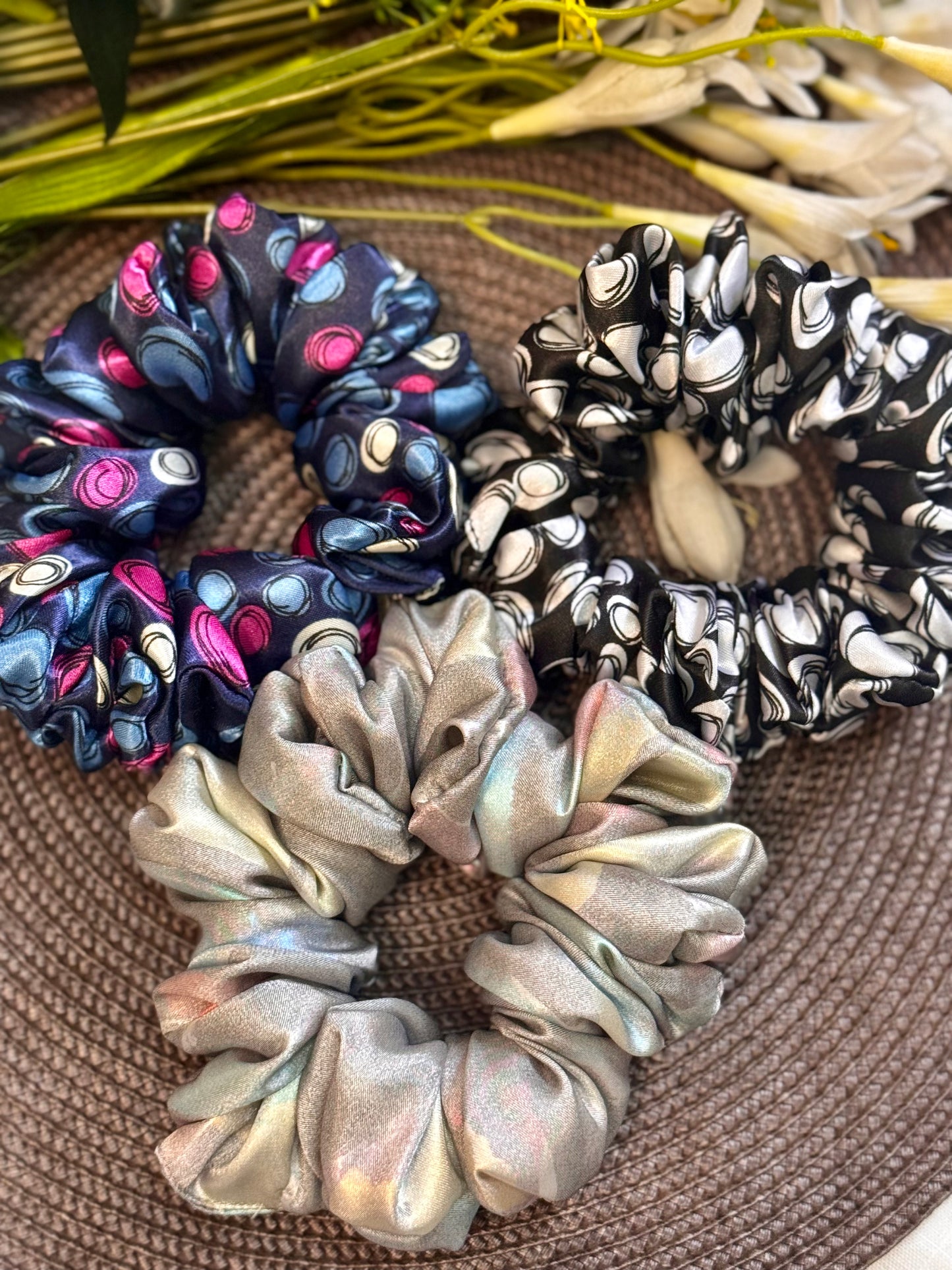 Deal Of 3 printed Silk Scrunchie-Coloured Polka, Black Polka & Silver shine