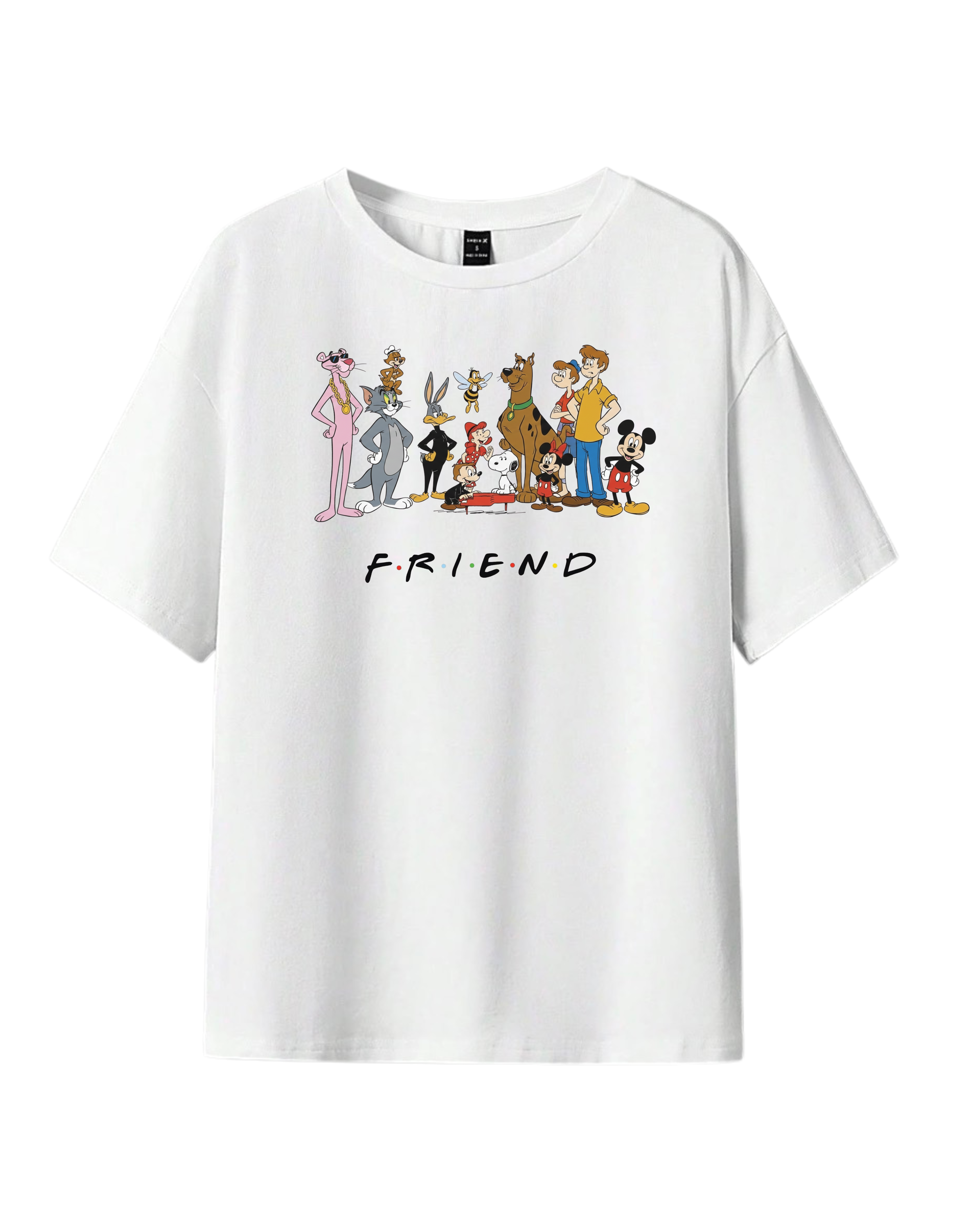 White Oversized Embroidered Cartoon “Friends” Graphic Tee