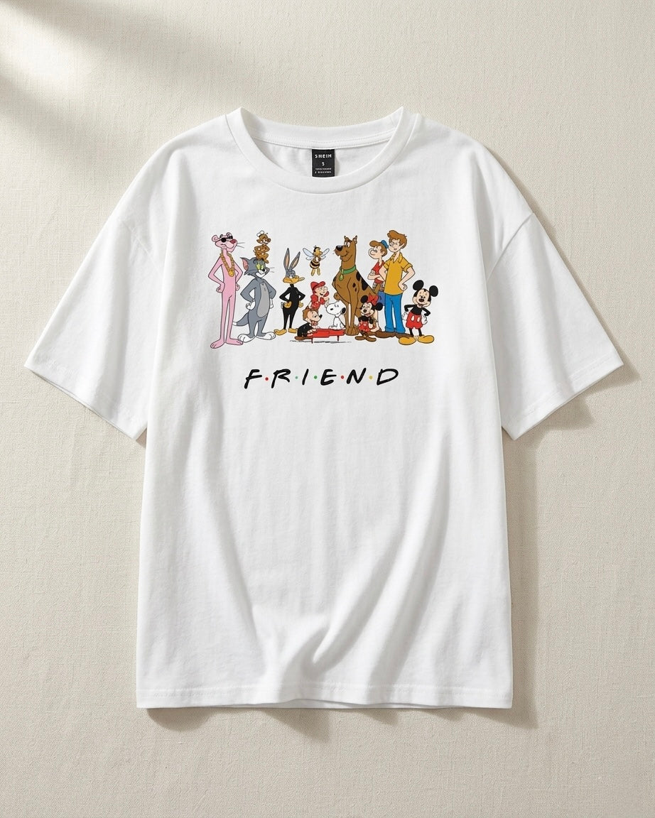 White Oversized Embroidered Cartoon “Friends” Graphic Tee