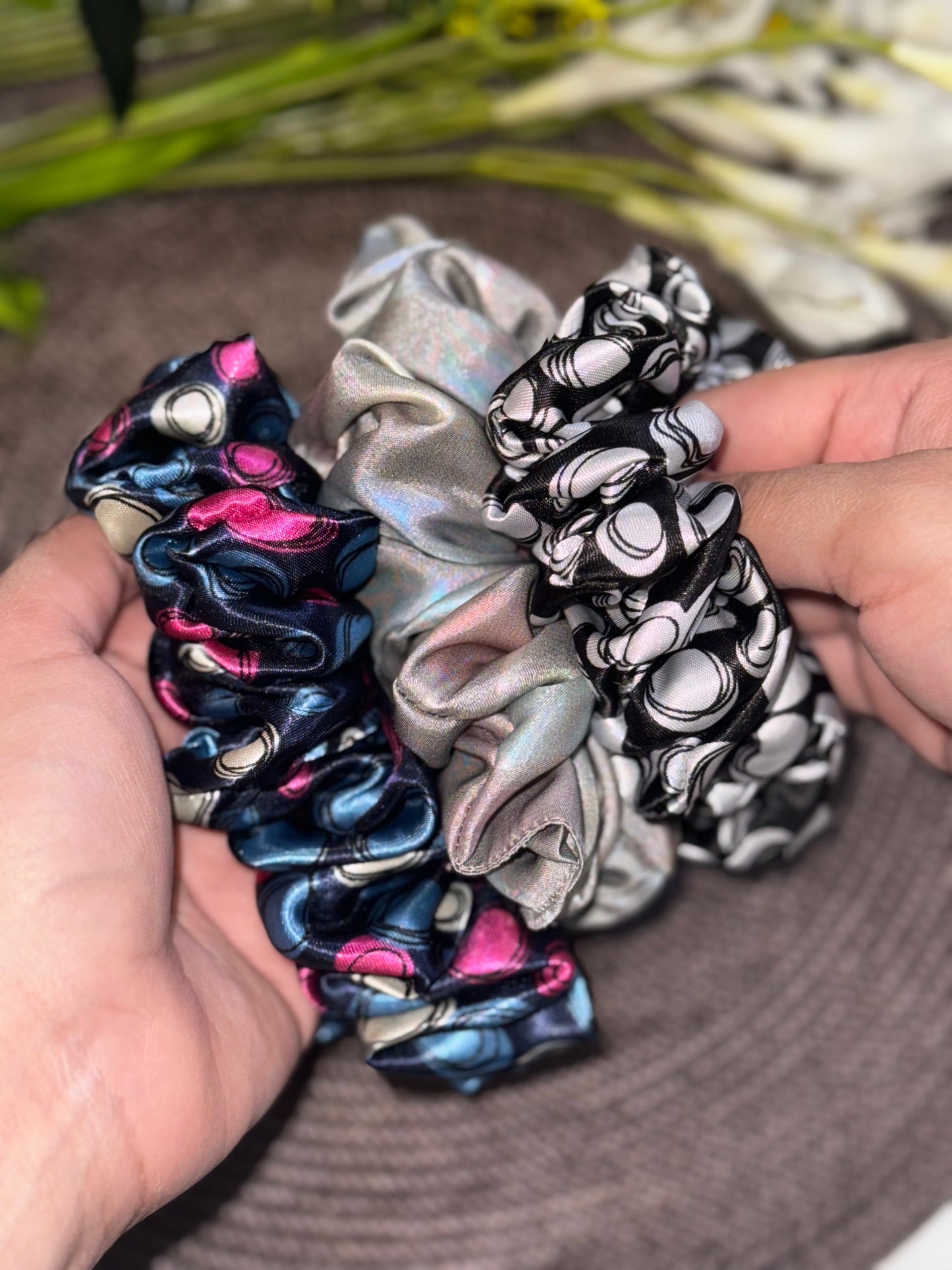 Deal Of 3 printed Silk Scrunchie-Coloured Polka, Black Polka & Silver shine