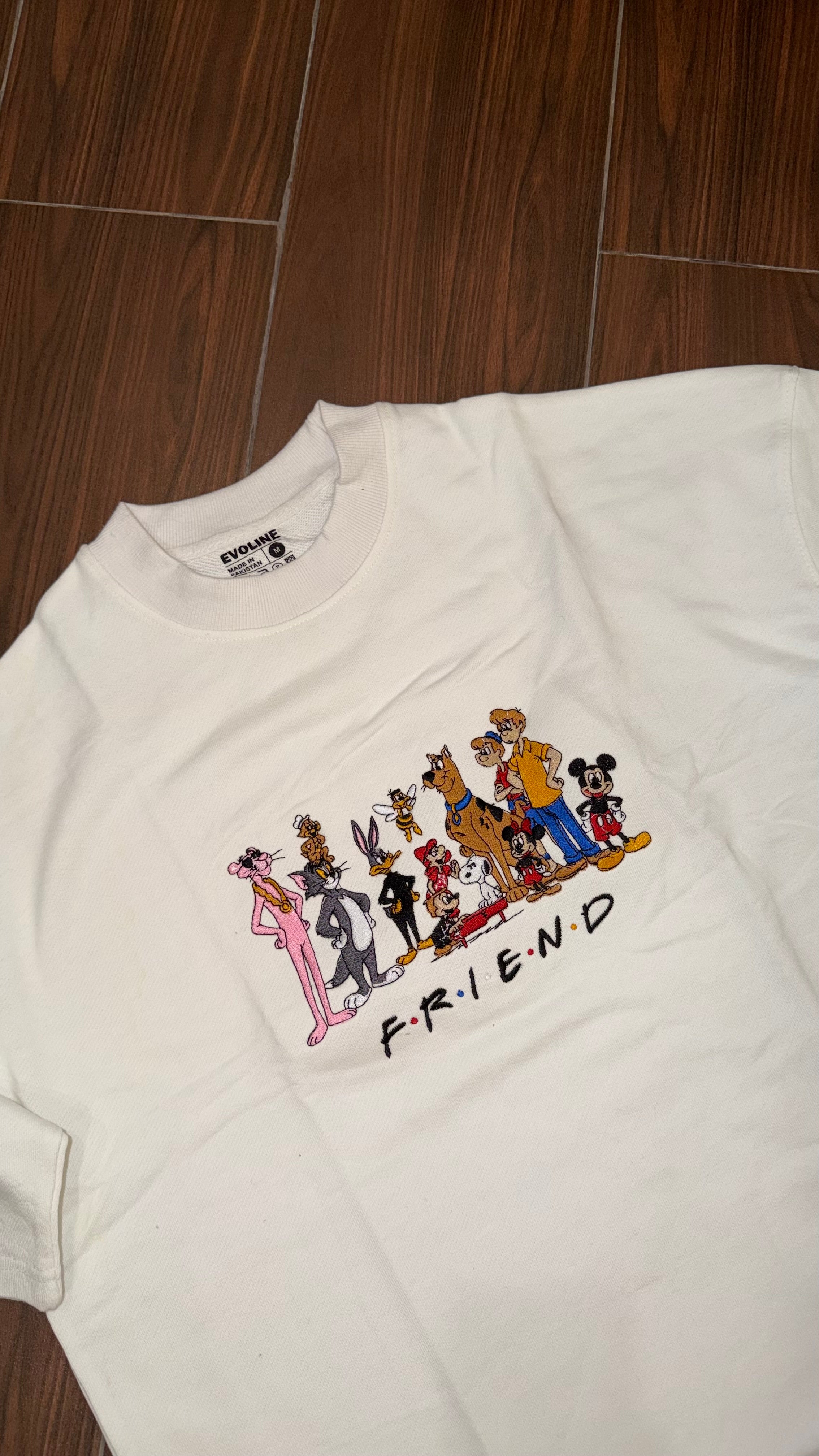 White Oversized Embroidered Cartoon “Friends” Graphic Tee