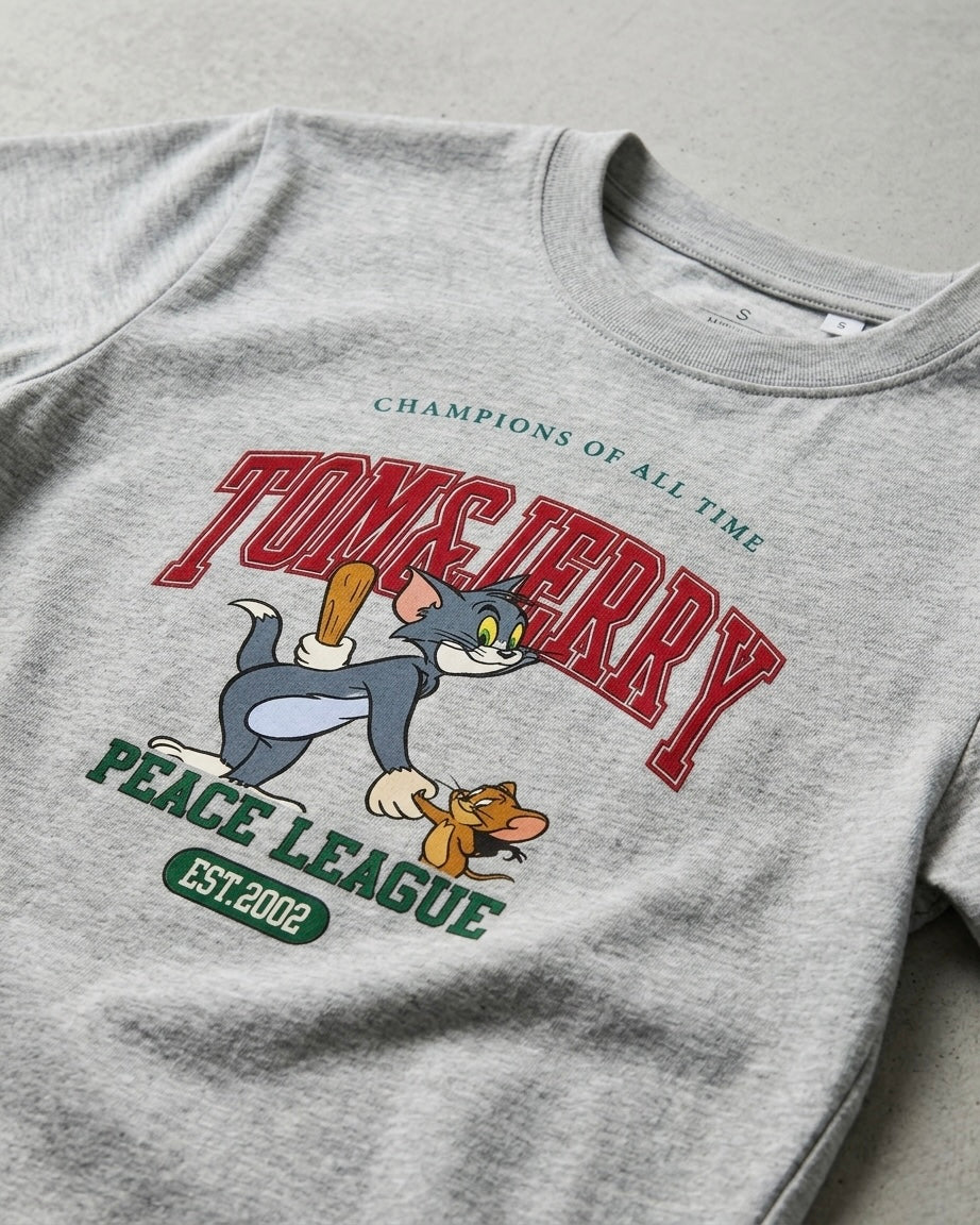 Grey “Peace League” Tom and Jerry Graphic Tee