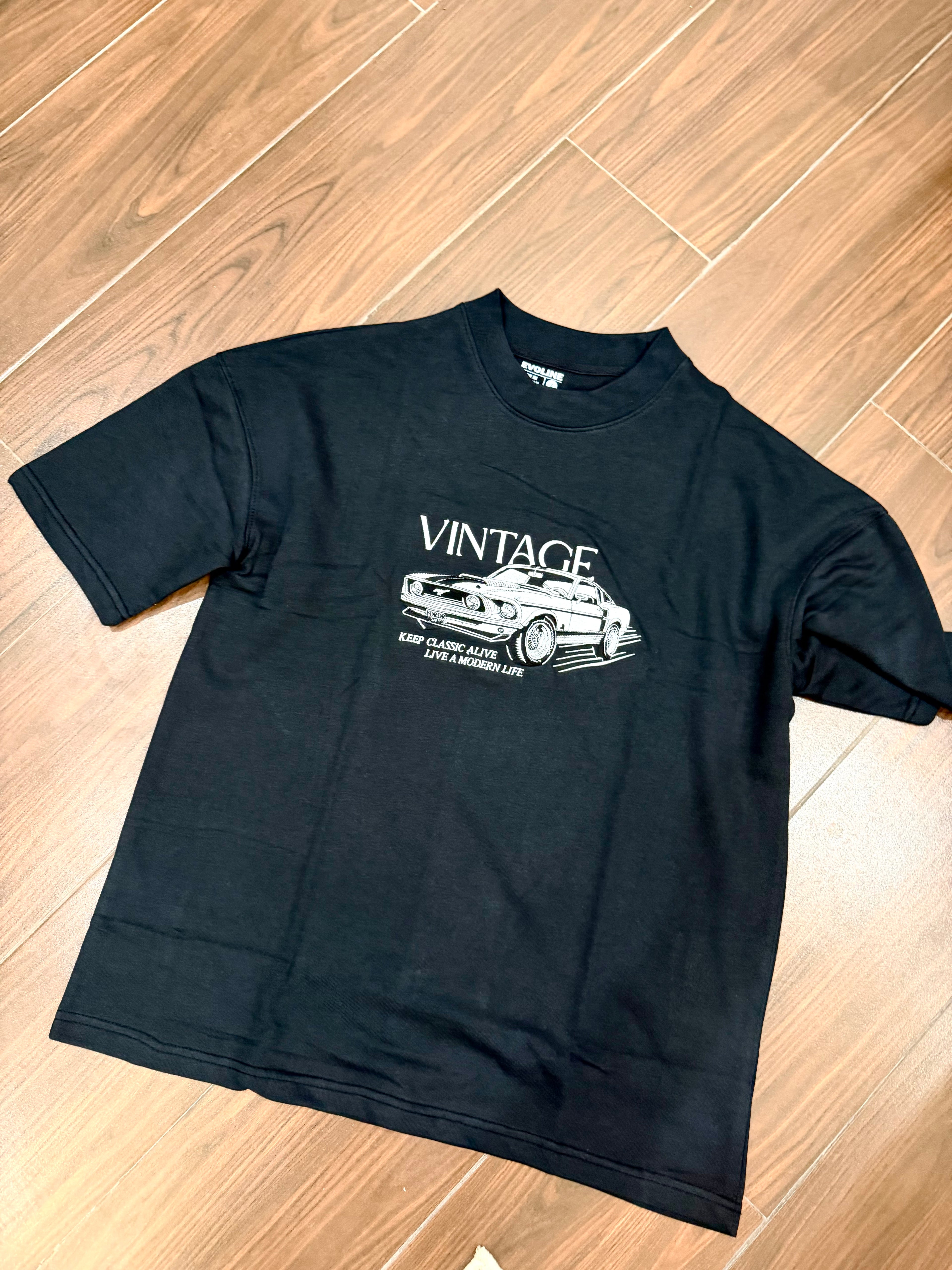 Black Vintage Mustang Oversized Embroidered Tee – Midnight