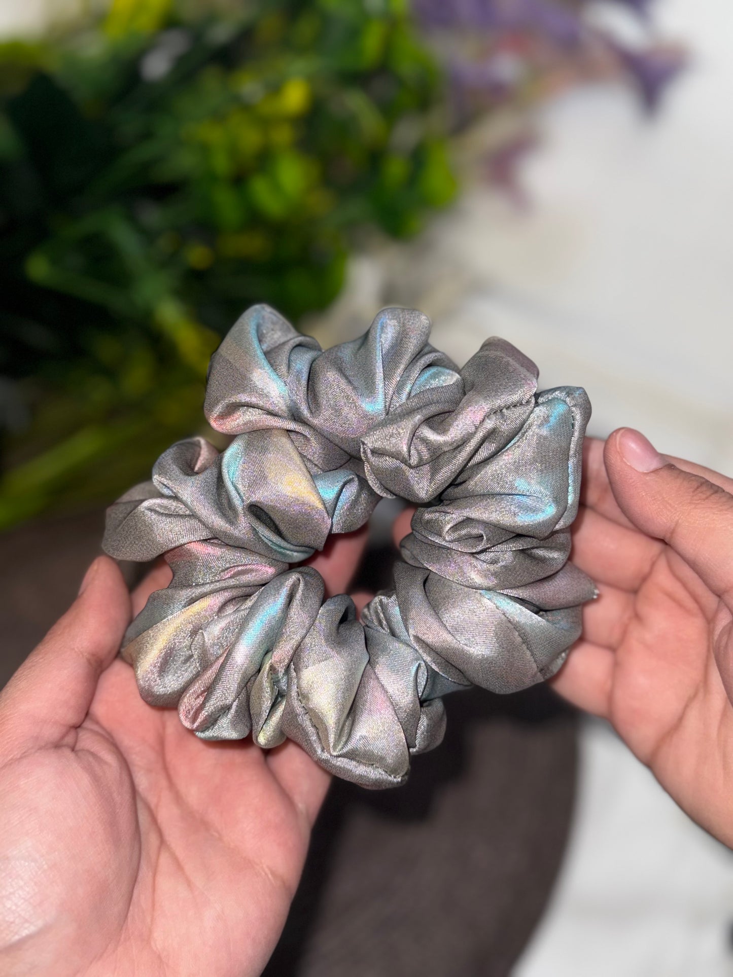 Silver Shine Printed Silk Scrunchie