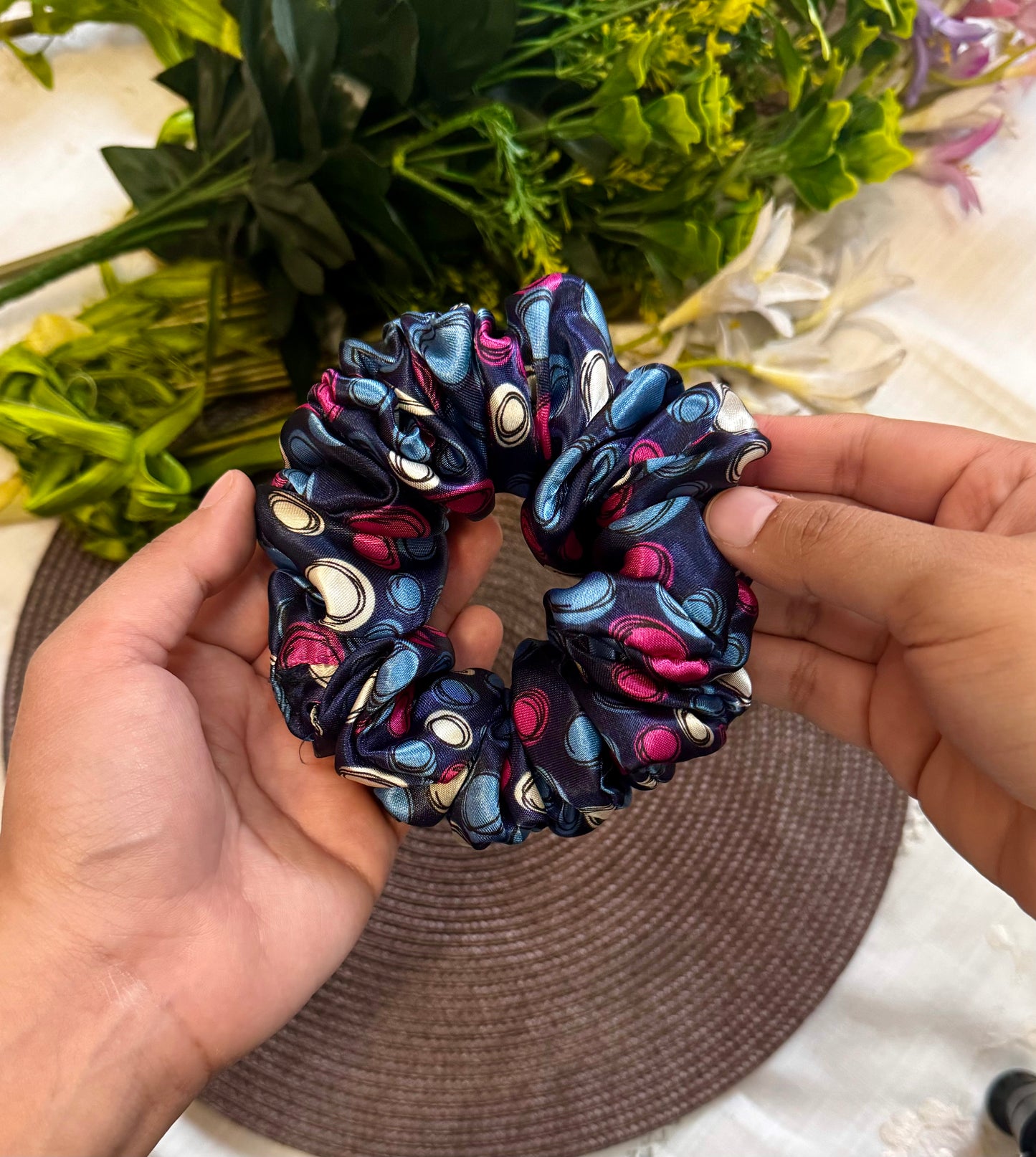 Colored Polka Printed Silk Scrunchie