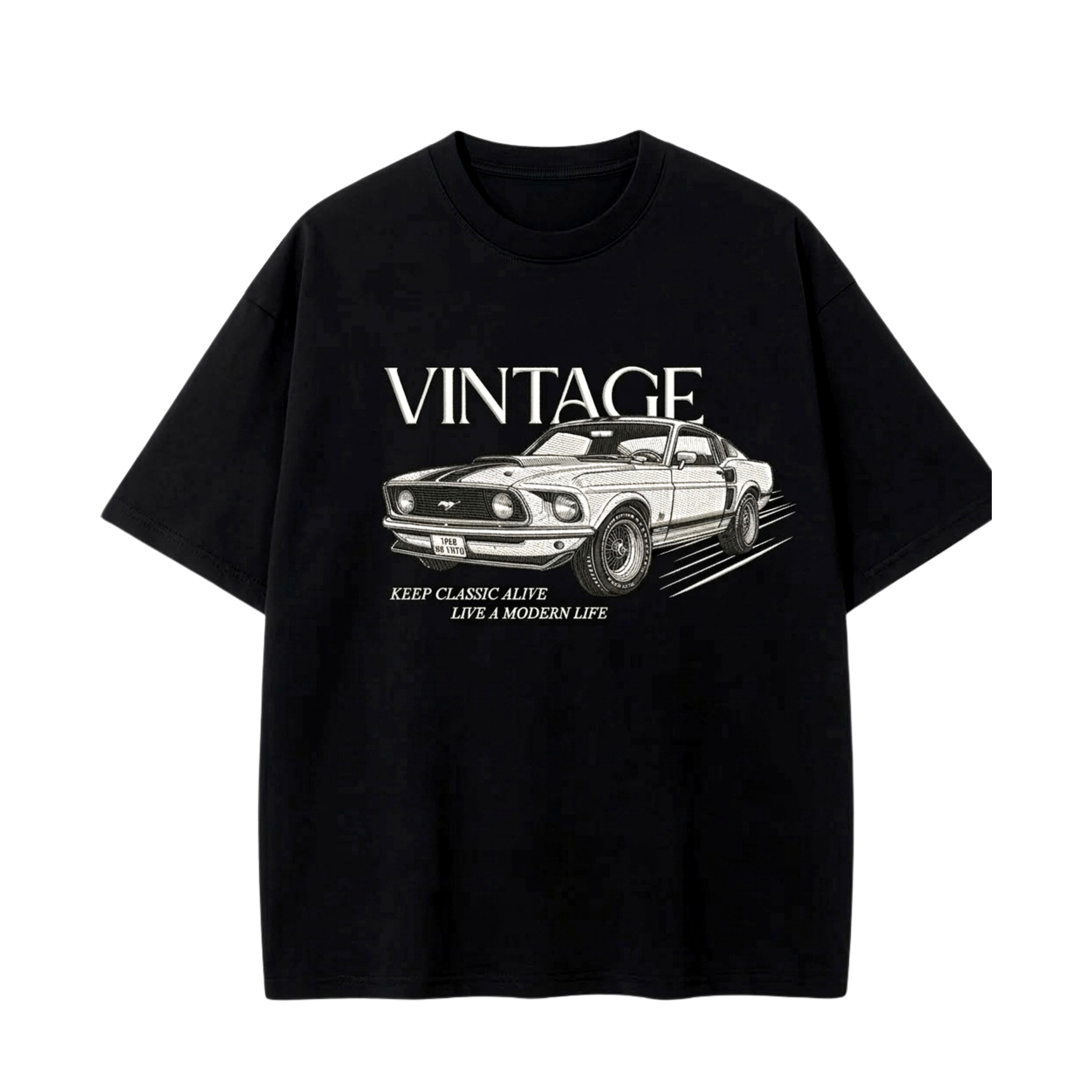 Black Vintage Mustang Oversized Embroidered Tee – Midnight